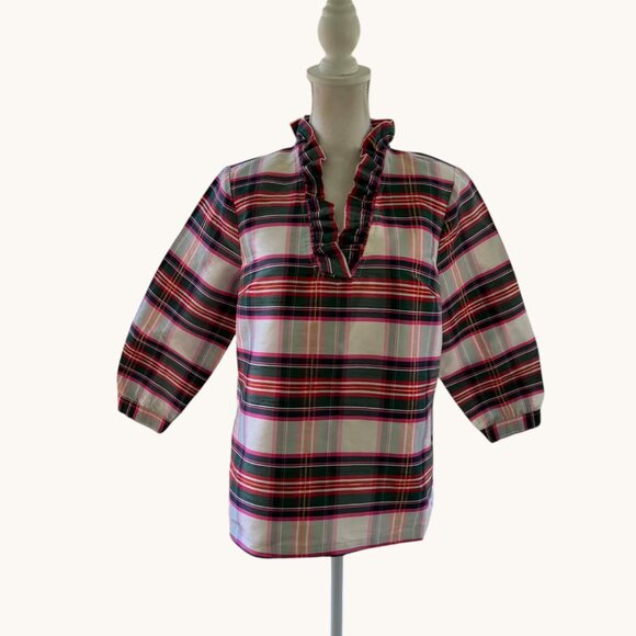Crown & Ivy Plaid Ruffle Stand Up Ruffled Collar Blouse Top NWT - Picture 2 of 7